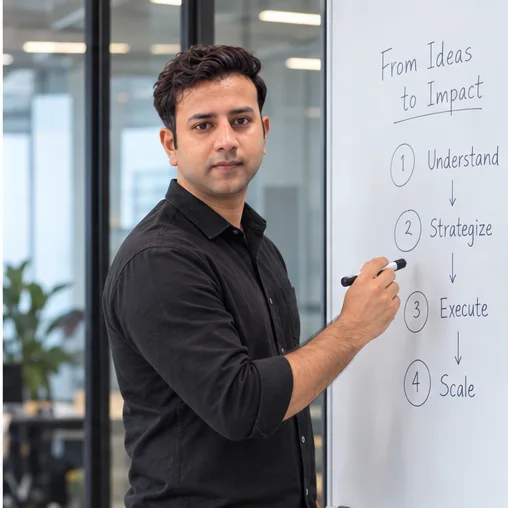 Subodh planning Google Ads strategy at a whiteboard