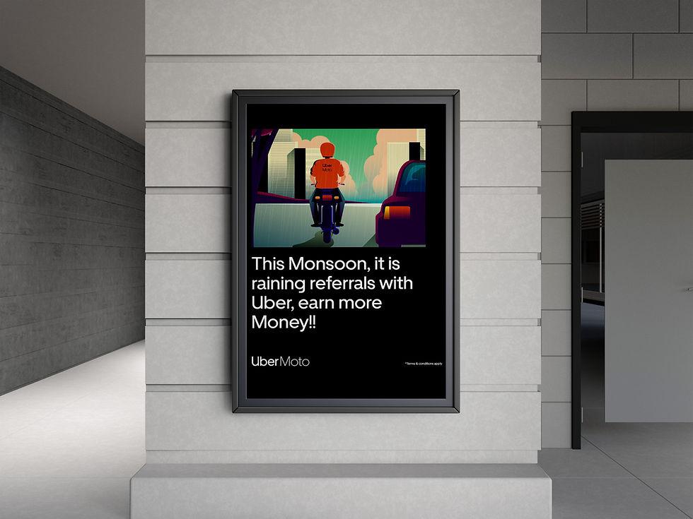Uber Moto referral campaign mockup with an illustrated rider in the rain