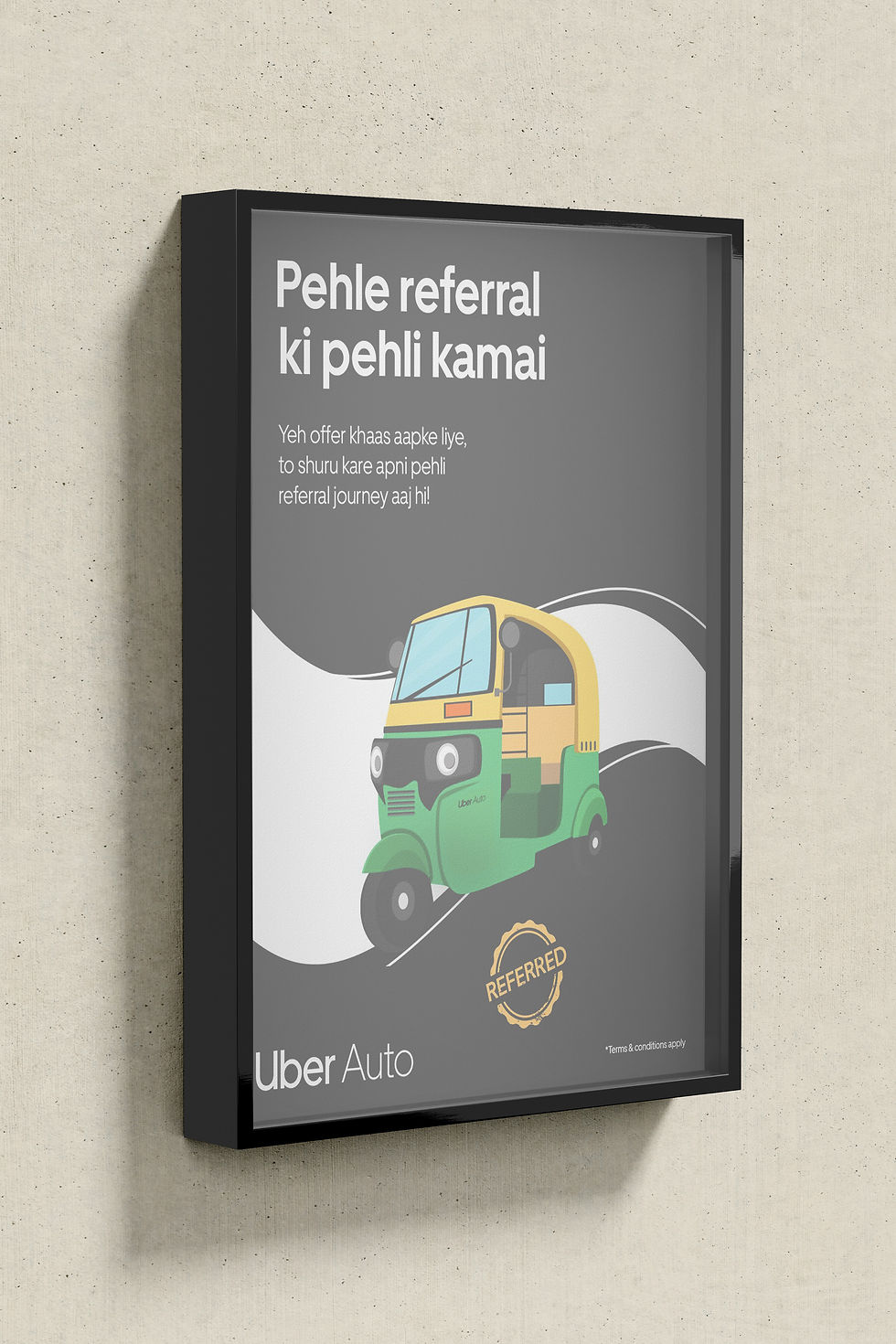 Uber Auto referral campaign mockup with Hindi copy and an auto-rickshaw illustration